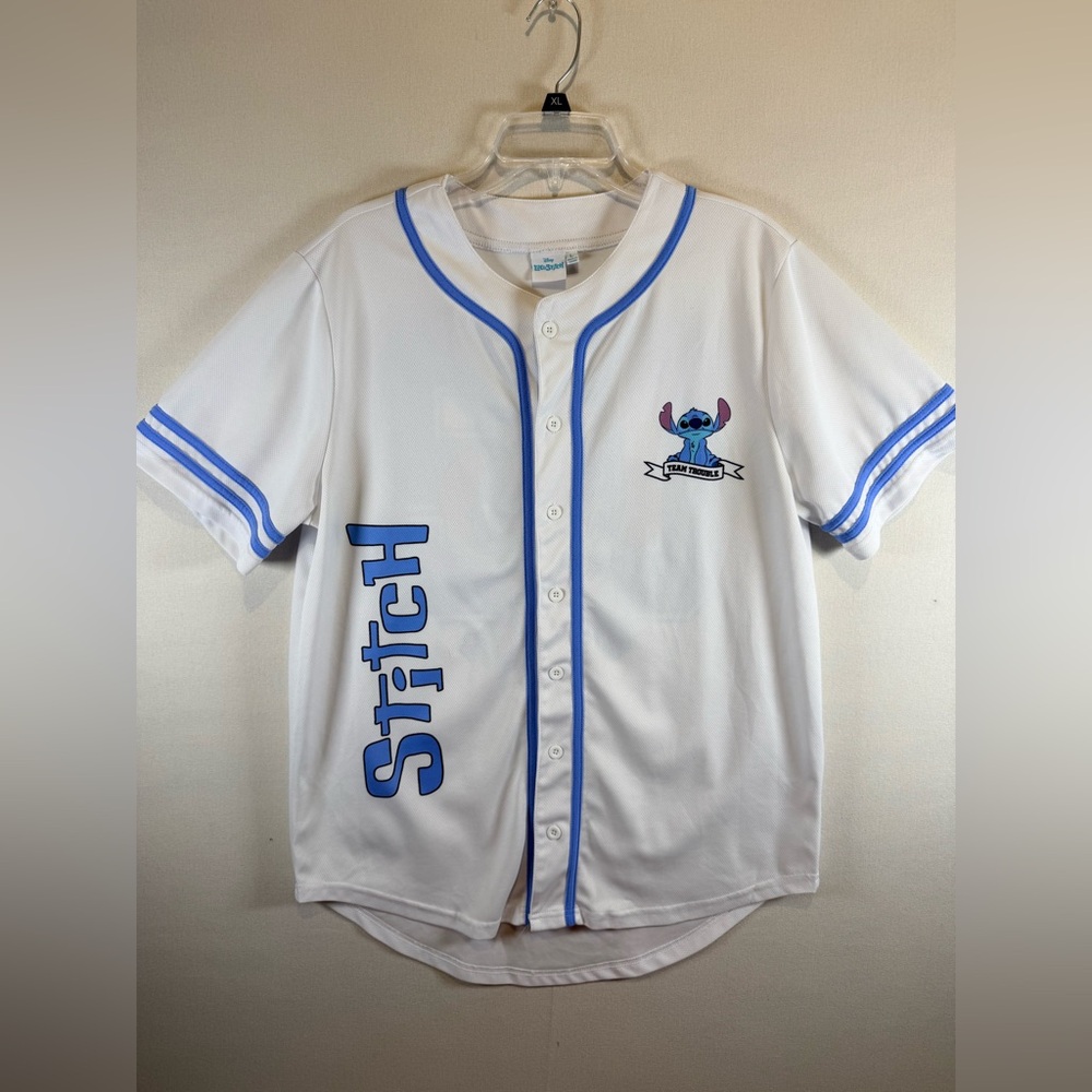Disney Lilo & Stitch Baseball Jersey Team Trouble White Blue Size L